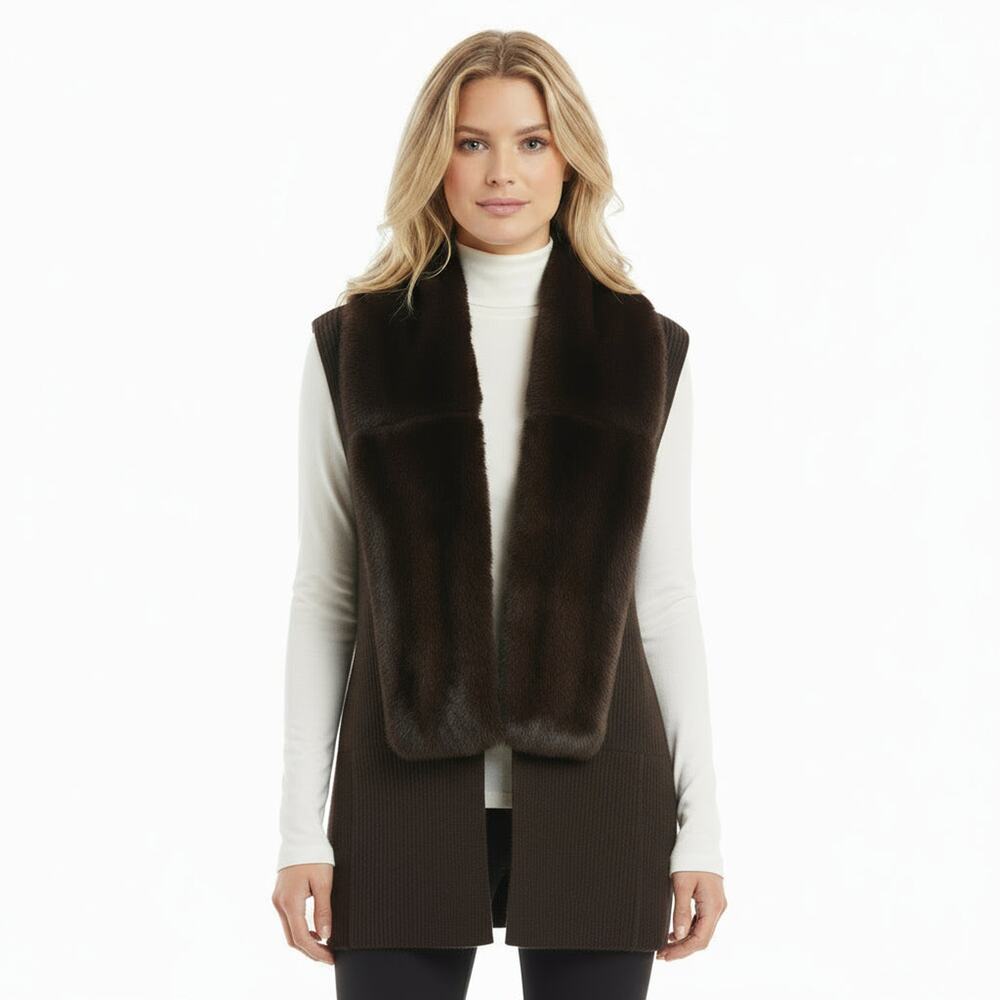 Worth brown wool vest with rabbit trim, size P, NEW WITH TAGS!
